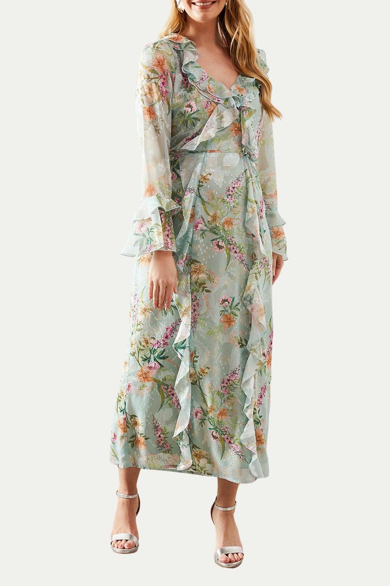 Floral Ruffle Belted Midaxi Dress, Alternate, color, Sage
