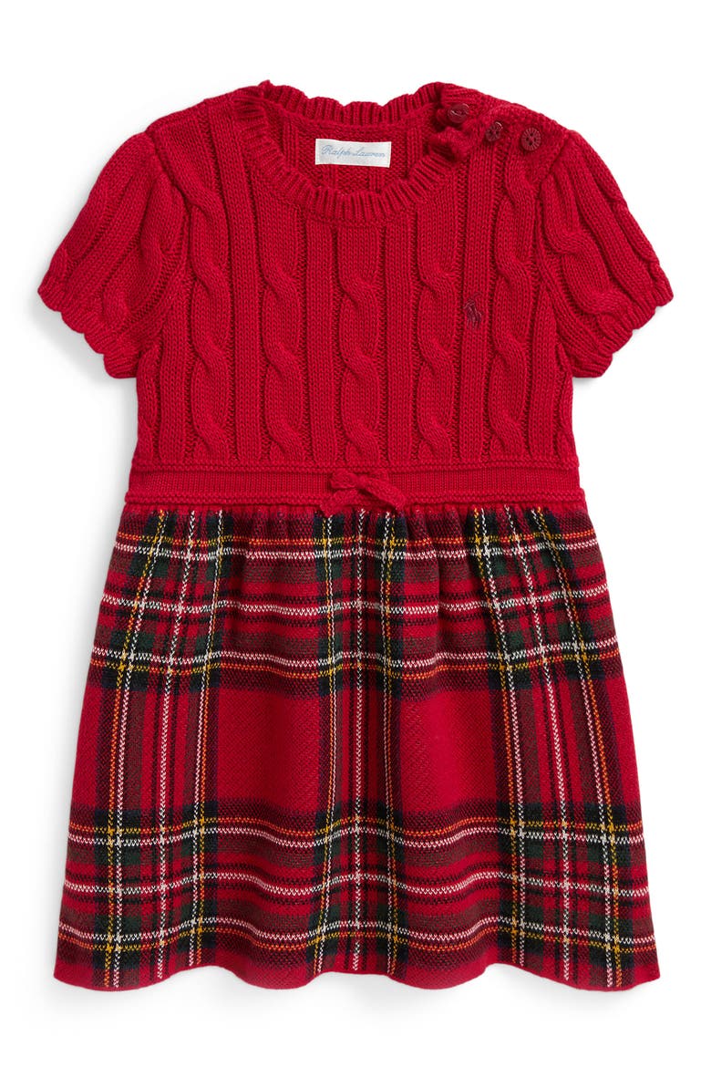 Cable Knit & Plaid Cotton Drop Waist Dress, Main, color, RED MULTI