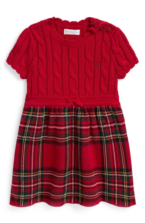 Cable Knit & Plaid Cotton Drop Waist Dress