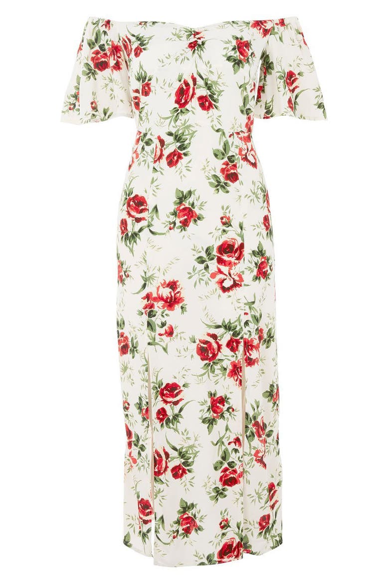 Bardot Rose Print Midi Dress, Alternate, color, IVORY MULTI