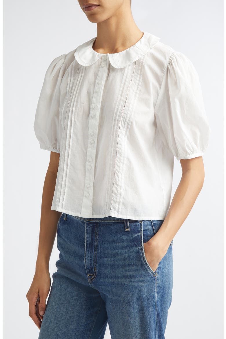 Harriet Lace Detail Elbow Sleeve Cotton Button-Up Shirt, Alternate, color, WHITE