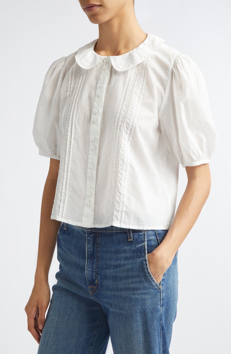 MILLE Harriet Lace Detail Elbow Sleeve Cotton Button-Up Shirt, Alternate, color, White