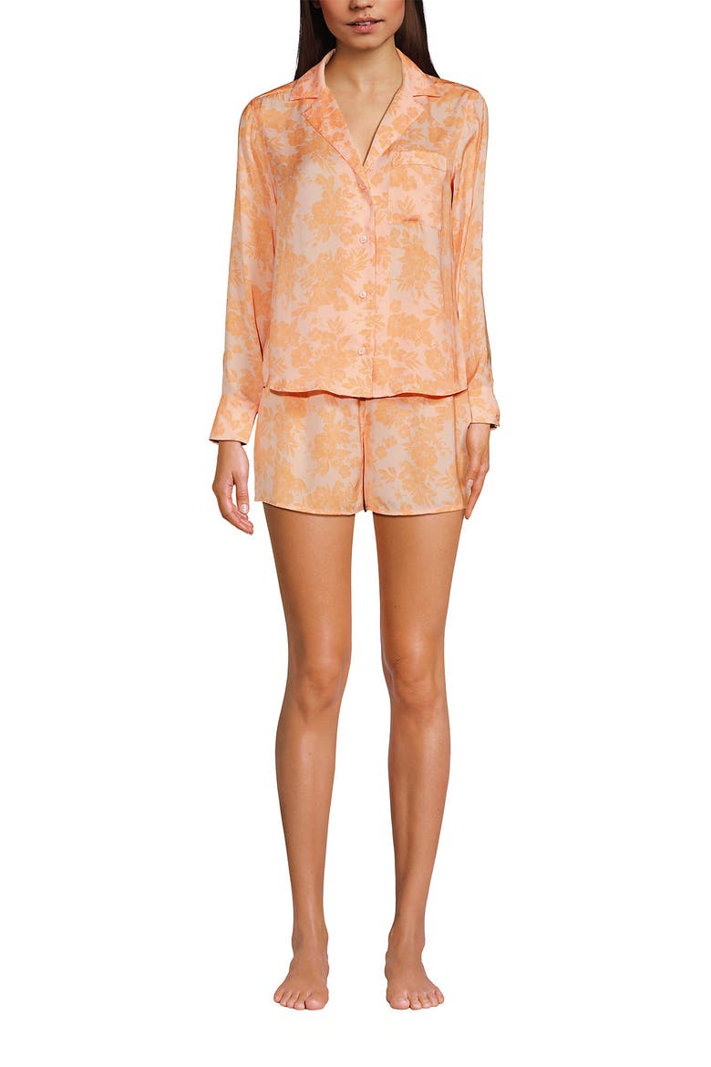 Plus Size Matte Satin 2 Piece Pajama Set - Long Sleeve Top and Shorts, Alternate, color, Orange Mist Romantic Floral