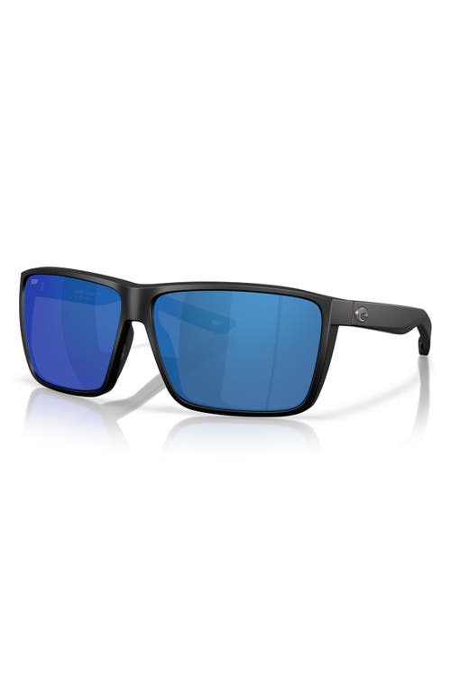 Costa Del Mar Rincon Ii 64mm Mirrored Polarized Oversize Rectangular Sunglasses In Matte Black/blue Mirror 580p