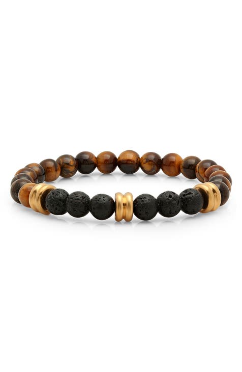 Men's 18K Gold Plate Tiger's Eye & Black Lava Bead Bracelet