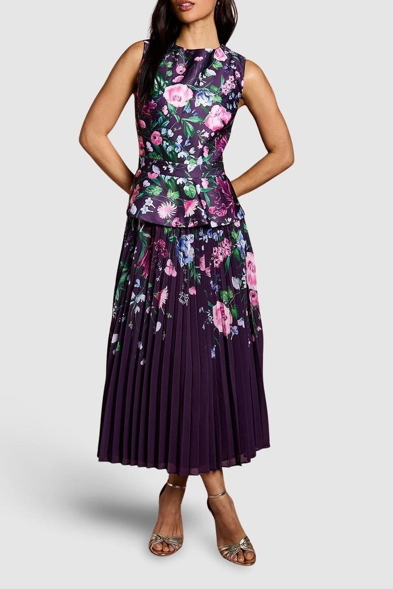 Structured Print Pleated Midi Dress, Alternate, color, Berry