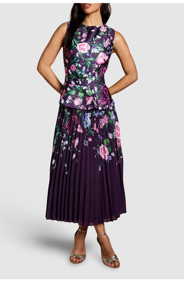 Coast Structured Print Pleated Midi Dress, Alternate, color, Berry