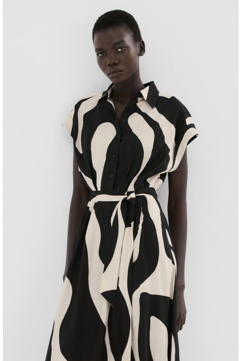 Abstract Print Belted Shirtdress, Alternate, color, BLACK