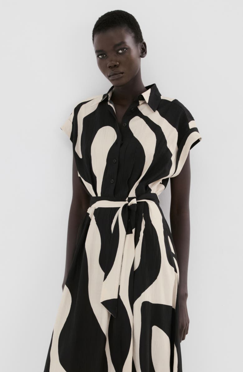 MANGO Abstract Print Belted Shirtdress, Alternate, color, Black