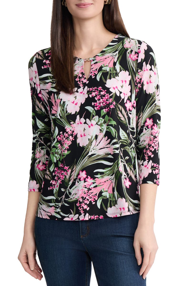 Jones New York Floral Keyhole Top, Main, color, Jones Black Multi