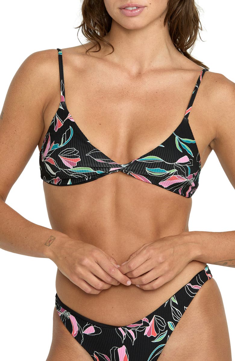 Volcom Dream In Bloom Twist Rib Bikini Top, Main, color, Black Multi