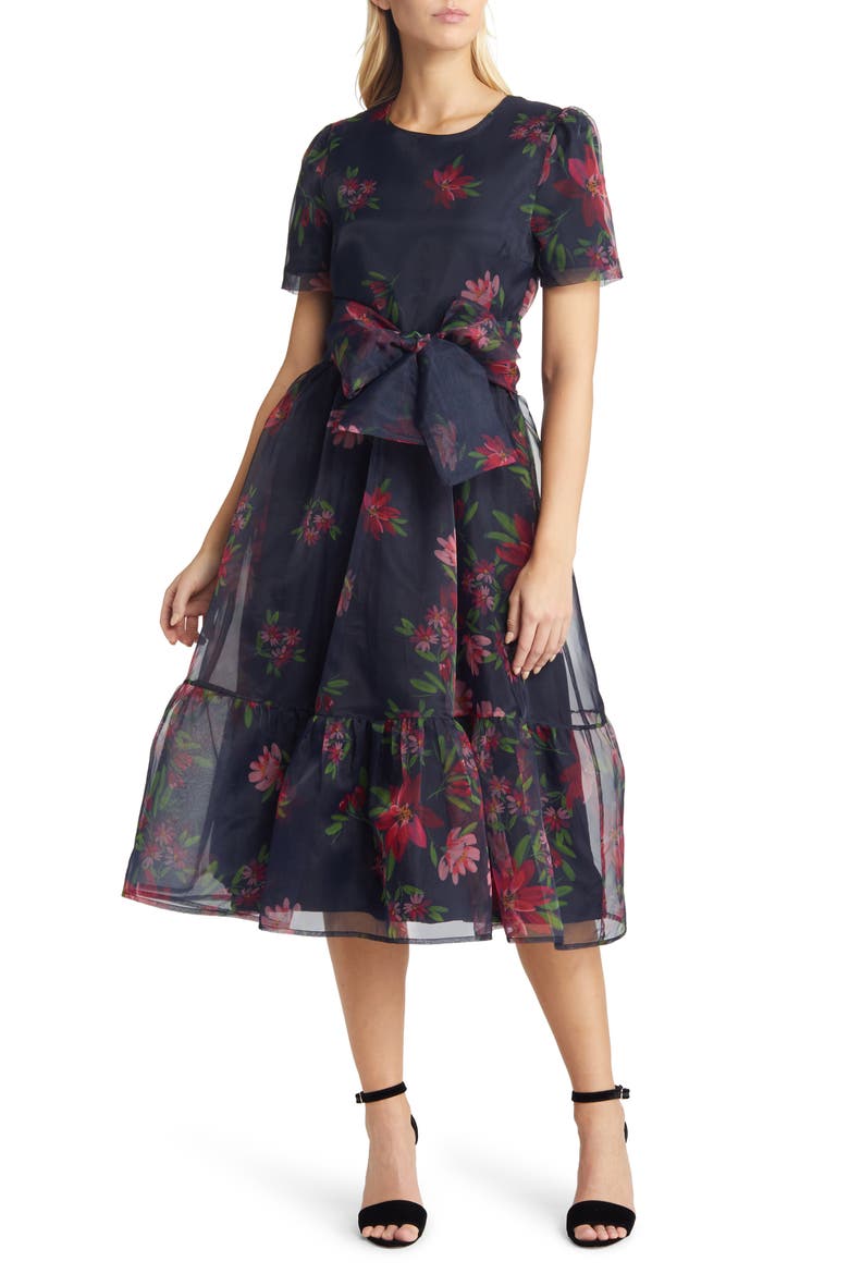 Floral Print Tie Waist Organza Midi Dress (Nordstrom Exclusive), Main, color, BLACK FLORAL INK