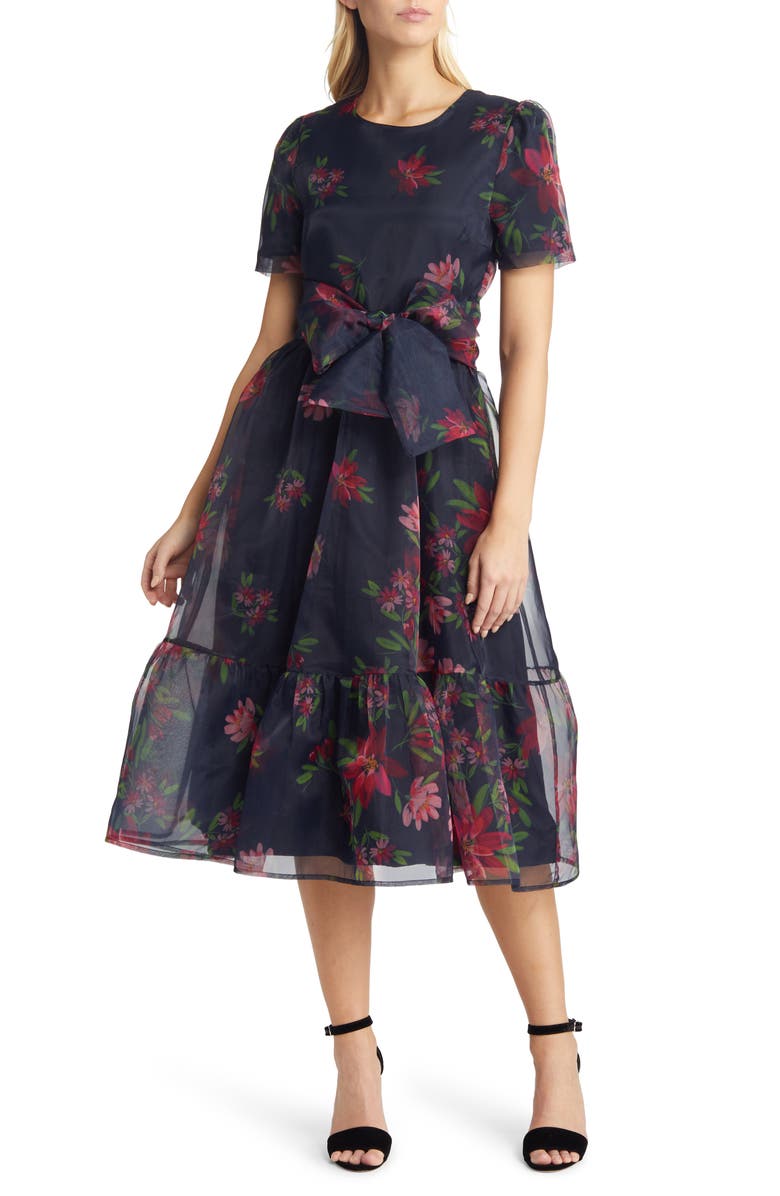 Rachel Parcell Floral Print Tie Waist Organza Midi Dress, Main, color, 