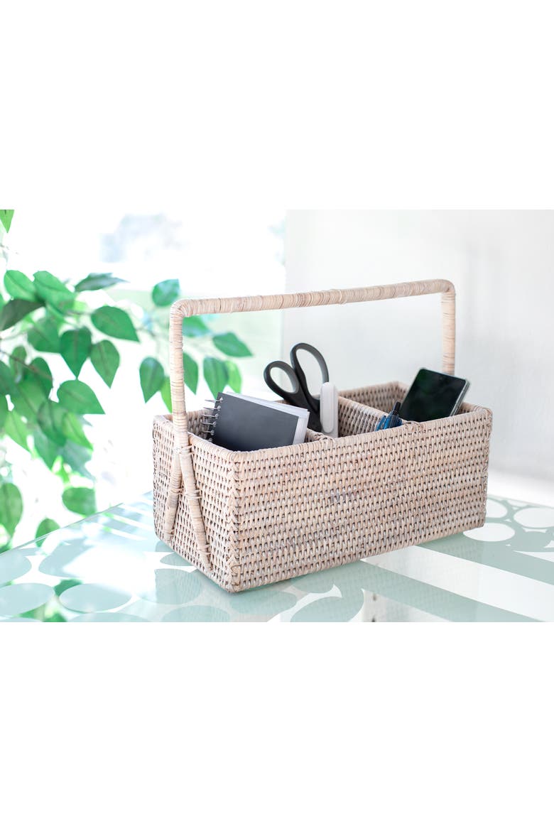 Artifacts Rattan 3 Section Caddy/Cutlery Holder with Handle, Alternate, color, White Wash
