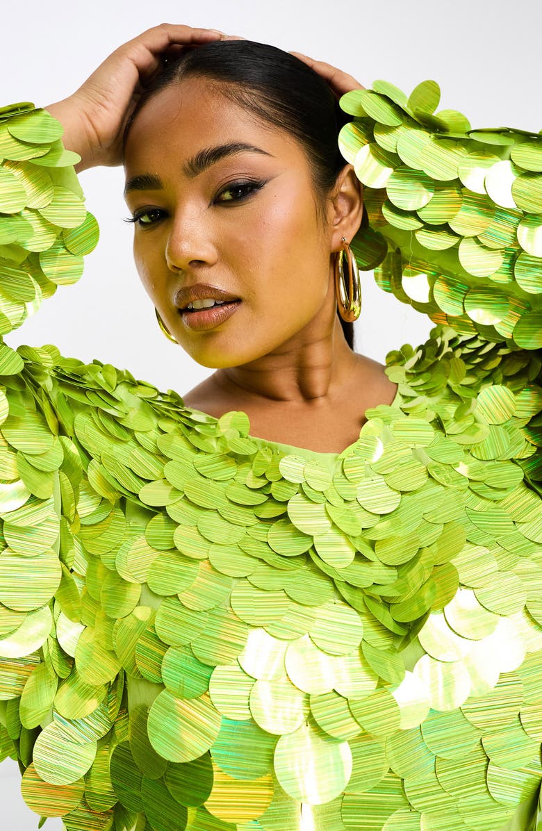 ASOS DESIGN Curve Paillette Sequin One-Shoulder Long Sleeve Minidress, Alternate, color,