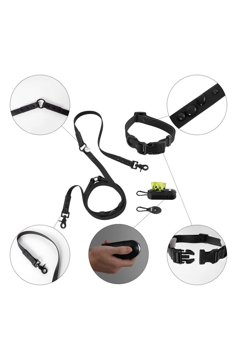 The Licker Store Luna Adjustable 6-in-1 Waterproof Hands-Free Leash and Collar with LED Flashlight, Bag Dispenser, and Poop Bag Holder, Alternate, color, Black
