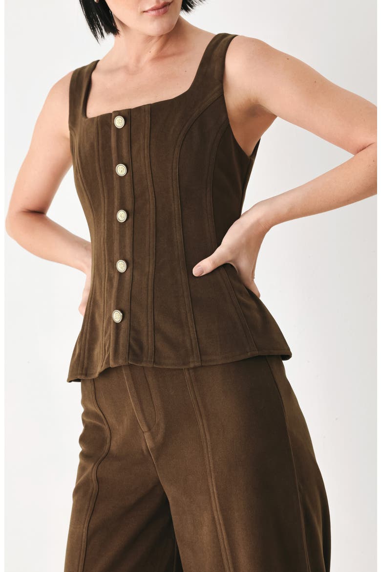 Crest Button Peplum Corset Top, Main, color, BROWN