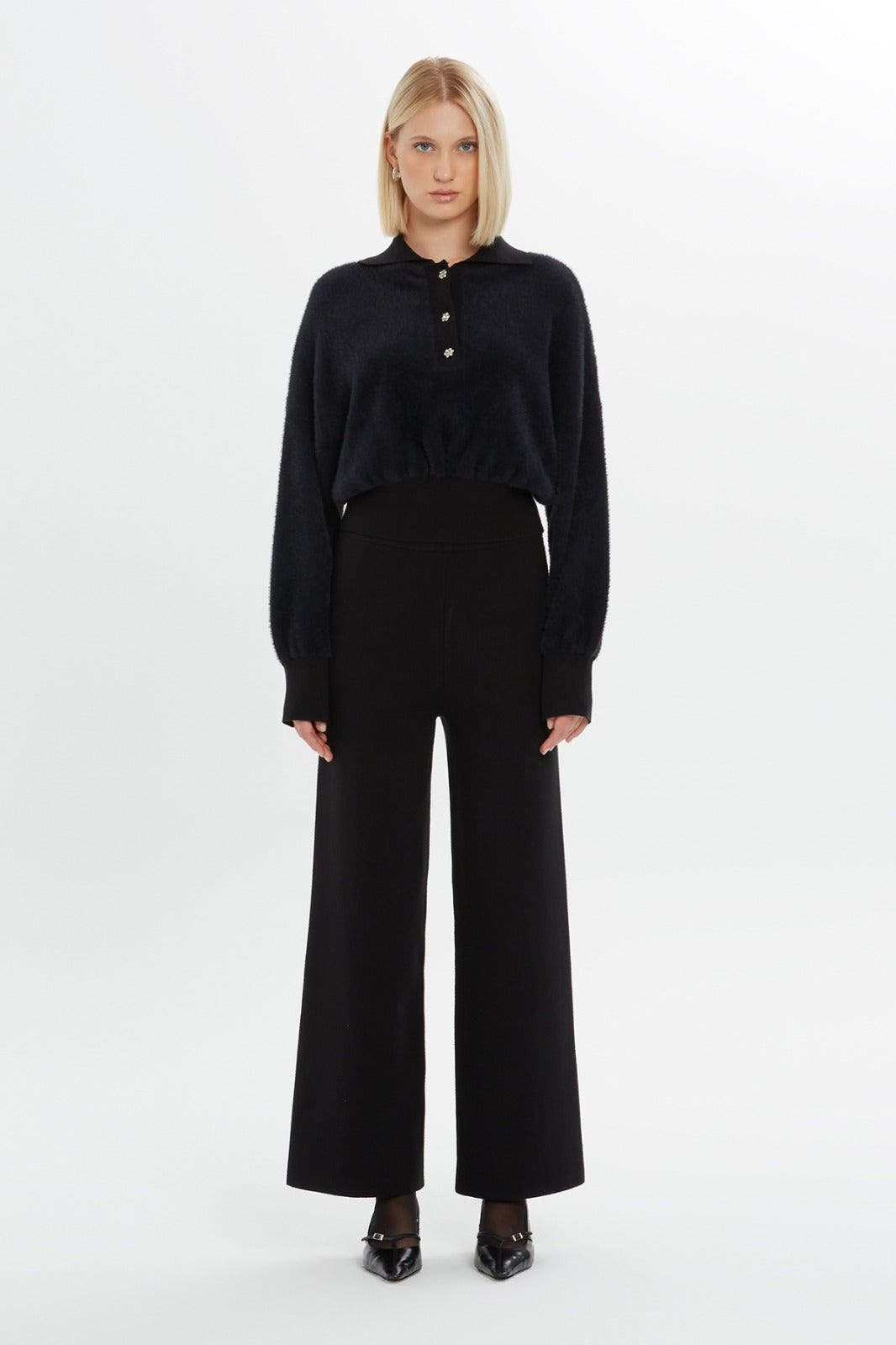 Shirt Collar Front Button Detail Black Blouse - image 2