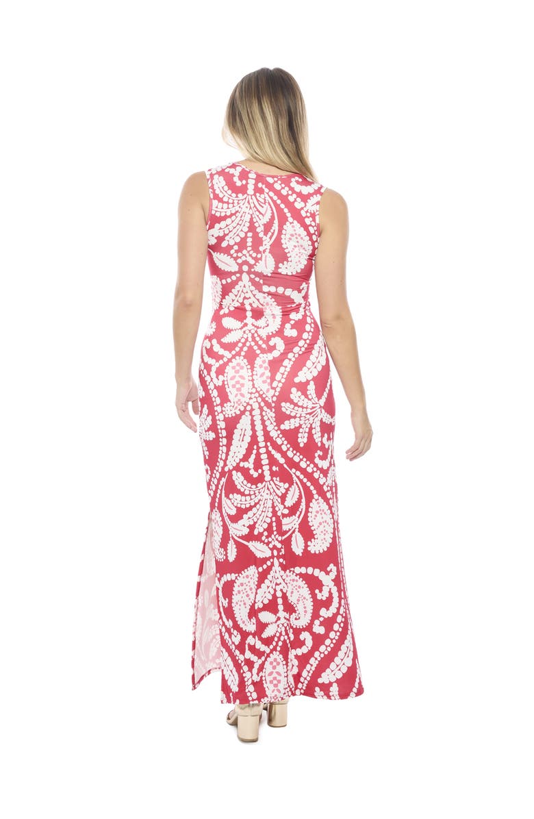 24seven Comfort Apparel Womens Essential Paisley Sleeveless Side Slit Bodycon A-Line Maxi Dress, Alternate, color, Red Multi