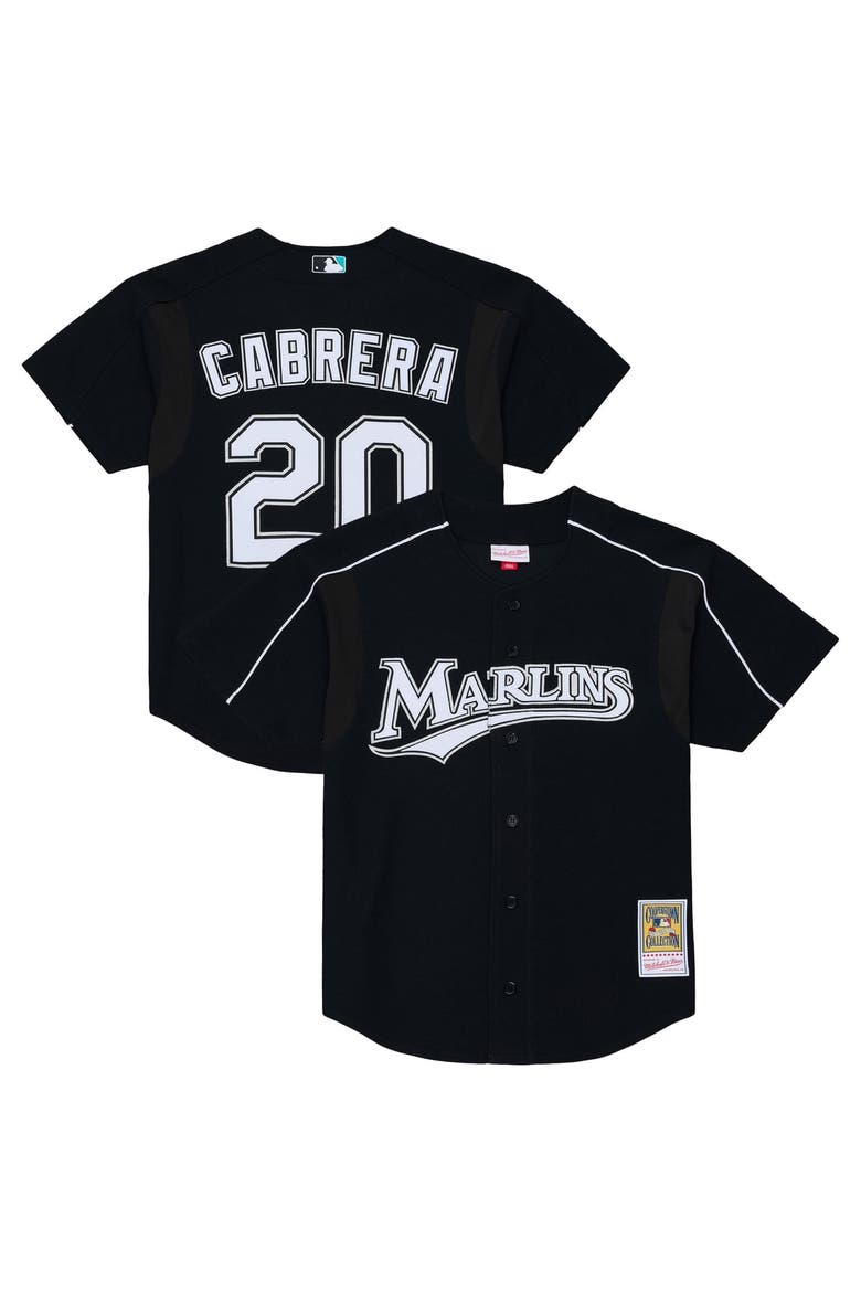 Men's Mitchell & Ness Miguel Cabrera Black Florida Marlins 2003 Cooperstown Mesh Batting Practice Button-Up Jersey, Main, color, Black