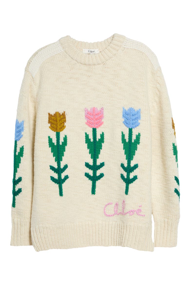 Intarsia Tulip Oversize Wool Sweater, Alternate, color, COCONUT MILK