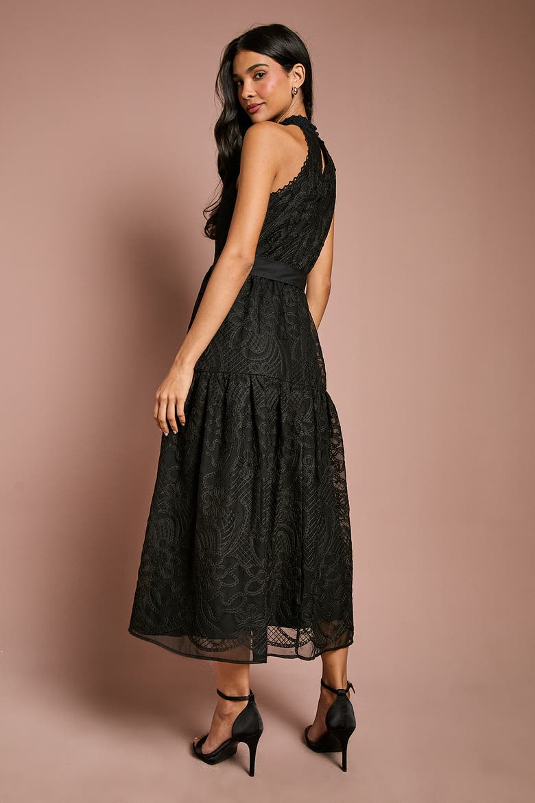 Lace Organza Belted Halter Midi Dress, Alternate, color, Black