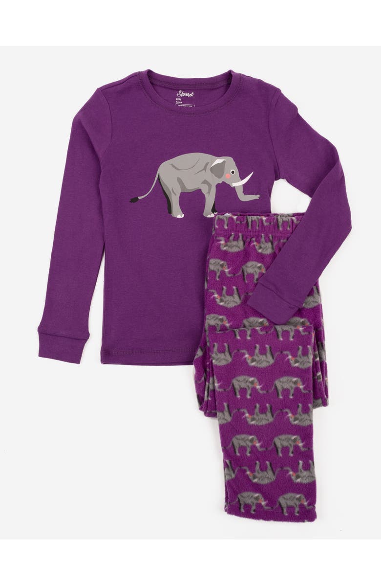 Leveret Kids Cotton Top & Fleece Pants Printed Holiday Pajamas, Main, color, Purple Elephant