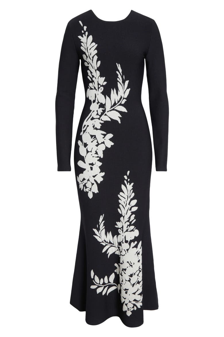 Velvet Jacquard Knit Trumpet Dress, Alternate, color, BLACK