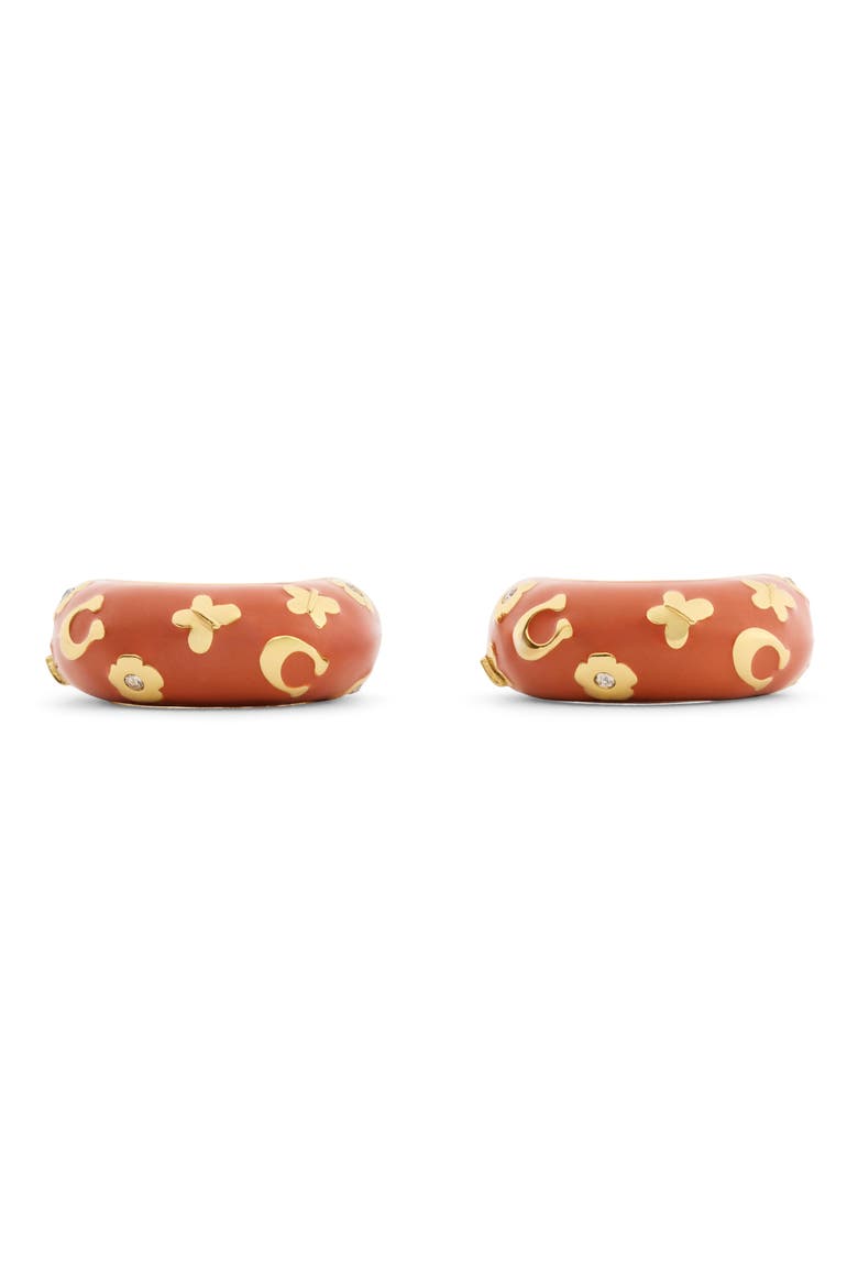 Chubby Floral Enamel Huggie Hoop Earrings, Alternate, color, BROWN/ GOLD