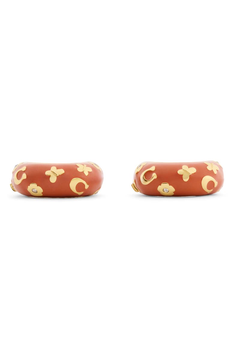 COACH Chubby Floral Enamel Huggie Hoop Earrings, Alternate, color, Brown/ Gold