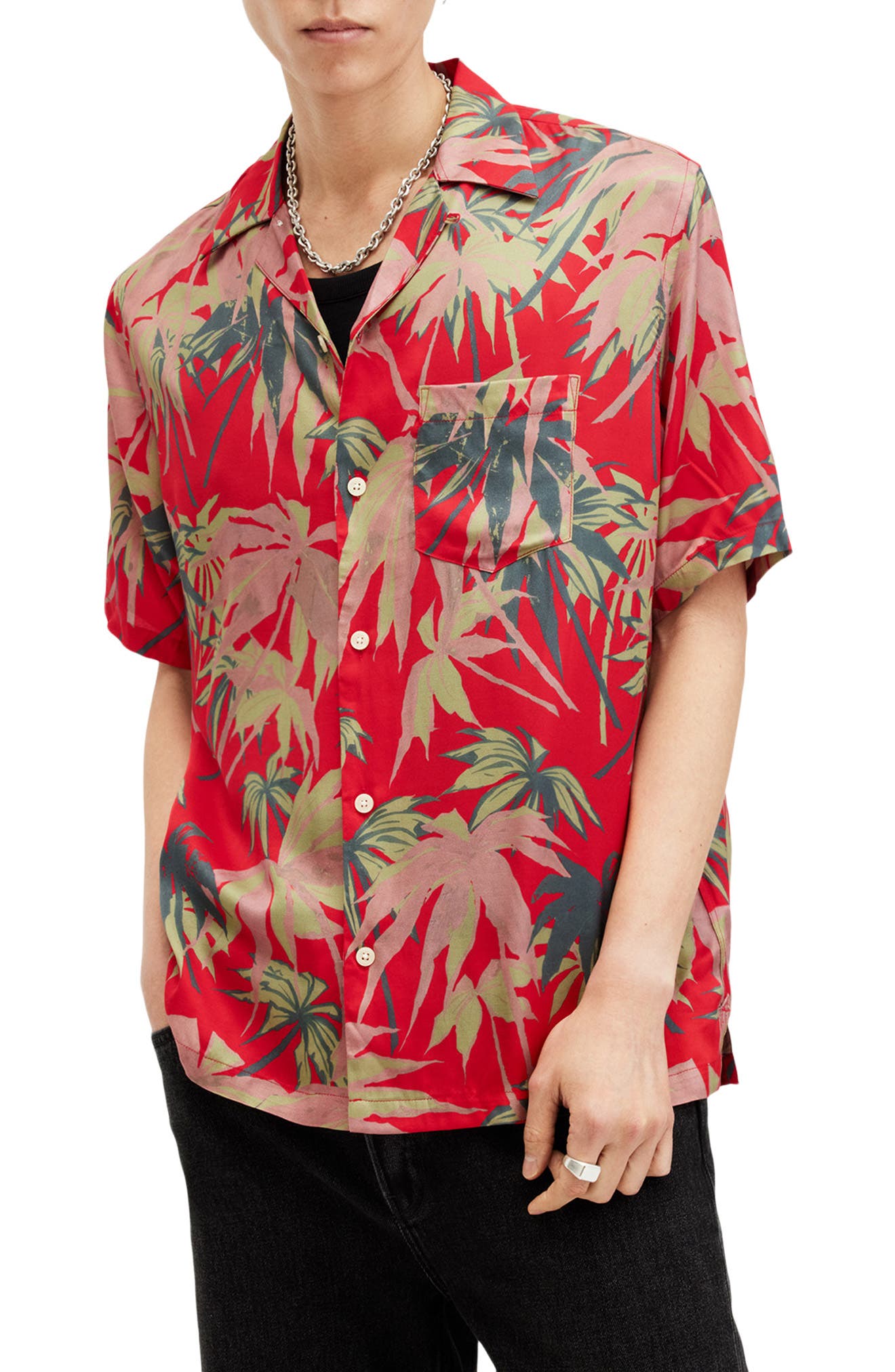 AllSaints Hudson Oversize Palm Tree Print Camp Shirt