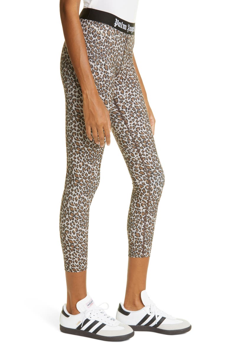 Palm Angels Leopard Logo Crop Leggings, Alternate, color, Brown White