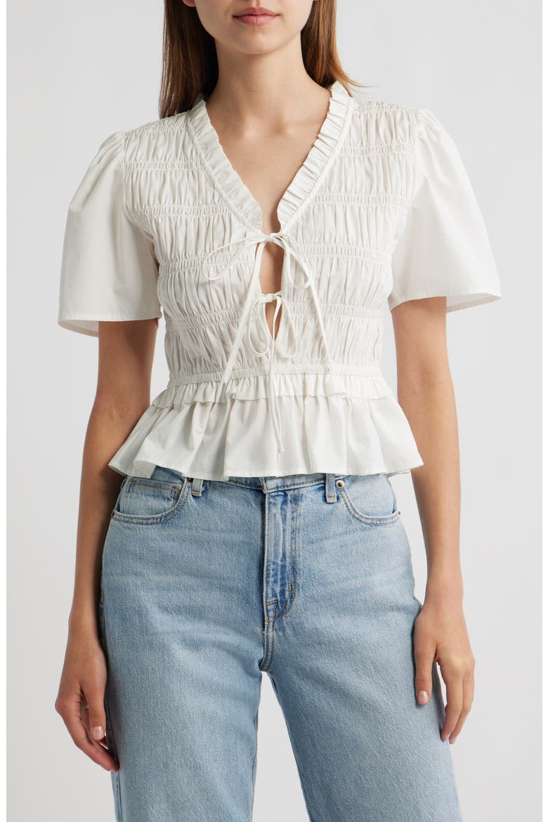Portia Smocked Ruffle Cotton Blend Crop Top, Main, color, WHITE