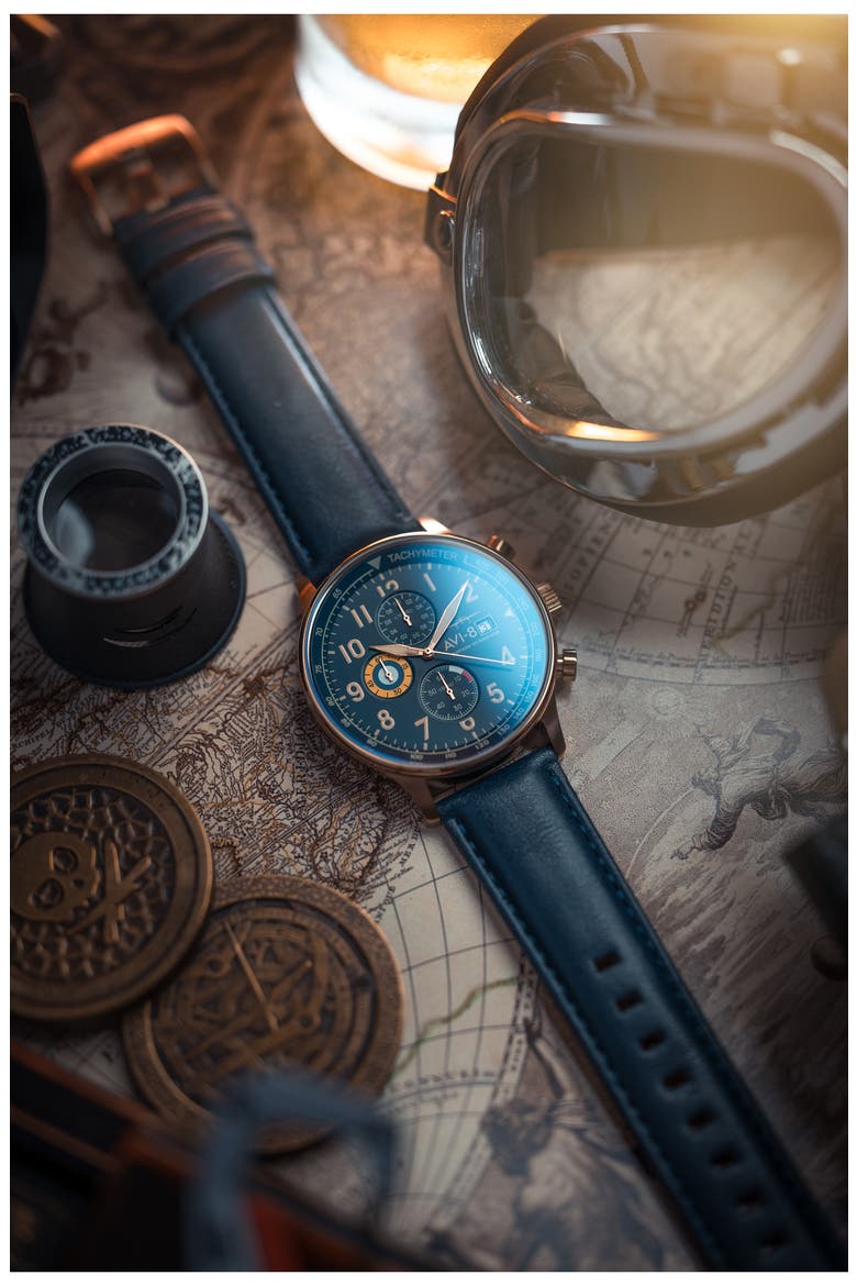 Hawker Hurricane Classic Chronograph Leather Strap Watch, 44mm, Alternate, color, BLUE