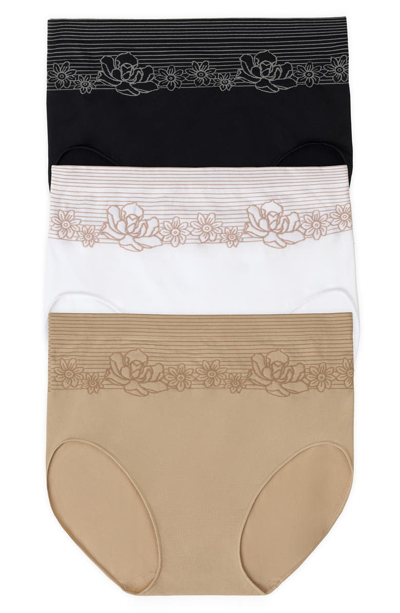 Ellen Tracy 3-Pack Floral Stripe Assorted High Leg Seamless Briefs, Main, color, Black/ White/ Sand