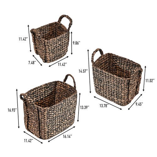 Happimess Clara Farmhouse Classic Handwoven Hyacinth Rectangle Storage Floor Baskets With Handles (set Of 3) In Brown