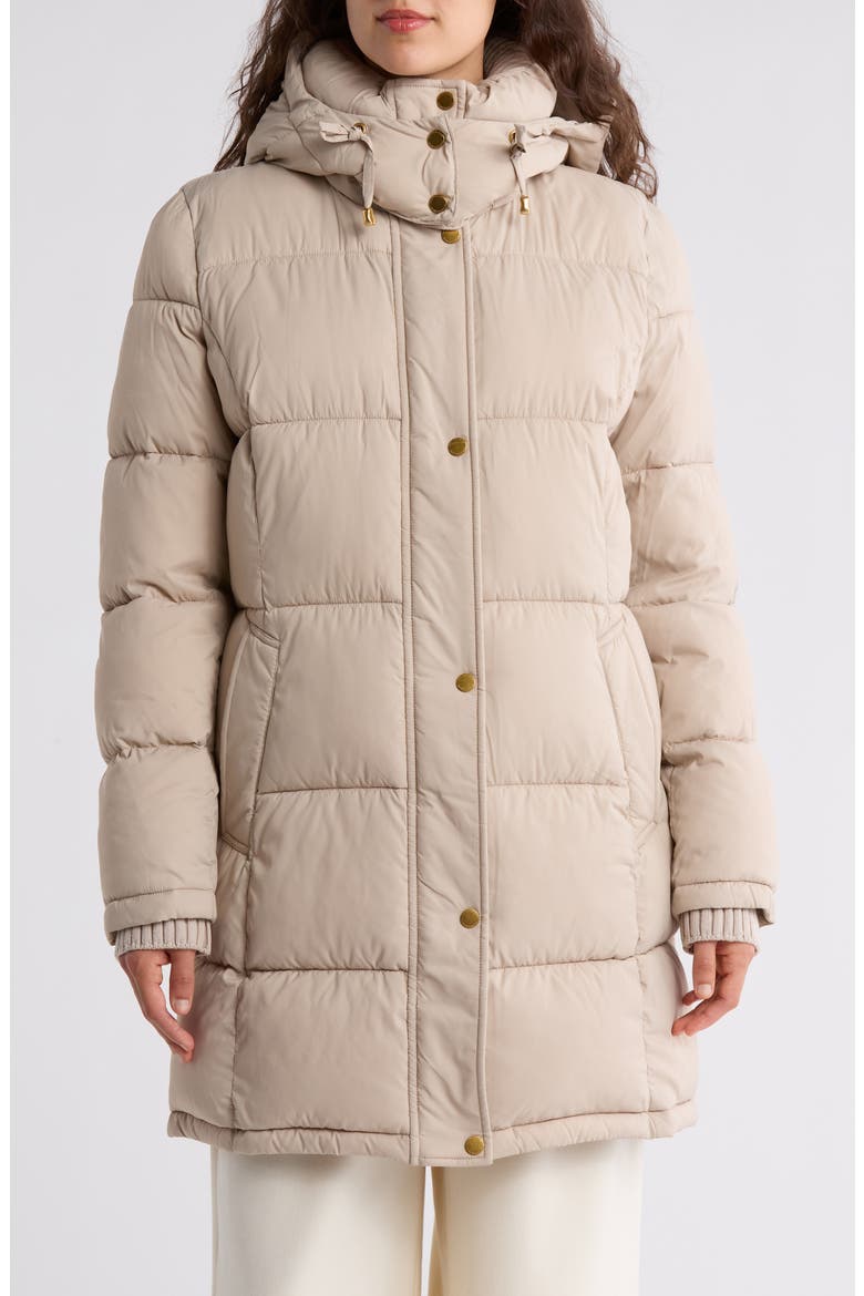 Hooded Ribbed Trim Puffer Jacket, Main, color, DARK TAUPE