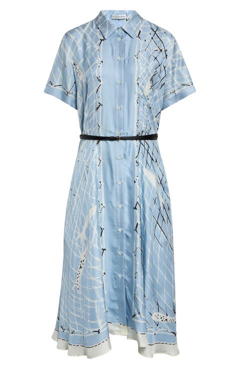 Kiera Fishnet Print Belted Silk Shirtdress