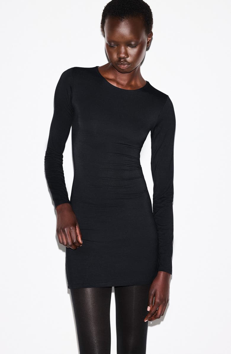 SKIMS Smooth Layers Crewneck Long Sleeve Minidress, Alternate, color, Obsidian