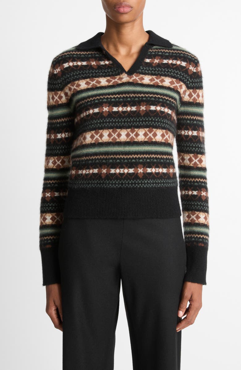 Vince Fair Isle Cashmere Polo Sweater, Main, color, Cacao/Malachite Comb