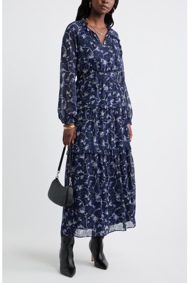 Floral Metallic Clip Dot Ruffle Tiered Midi Dress, Alternate, color, NAVY- BLUE MOLLY BOHO