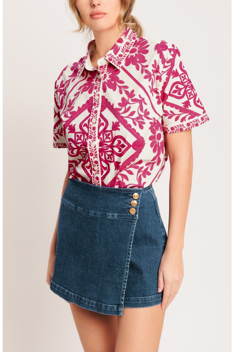 Floral Short Sleeve Button-Up Shirt, Alternate, color, IVORY FUCHSIA