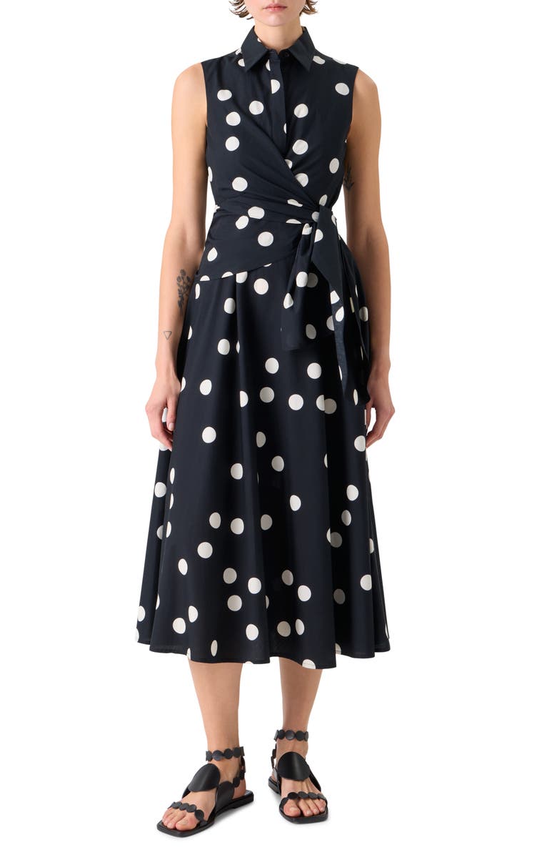 Akris punto Polka Dot Cotton Poplin Faux Wrap Shirtdress, Main, color, Black-Cream