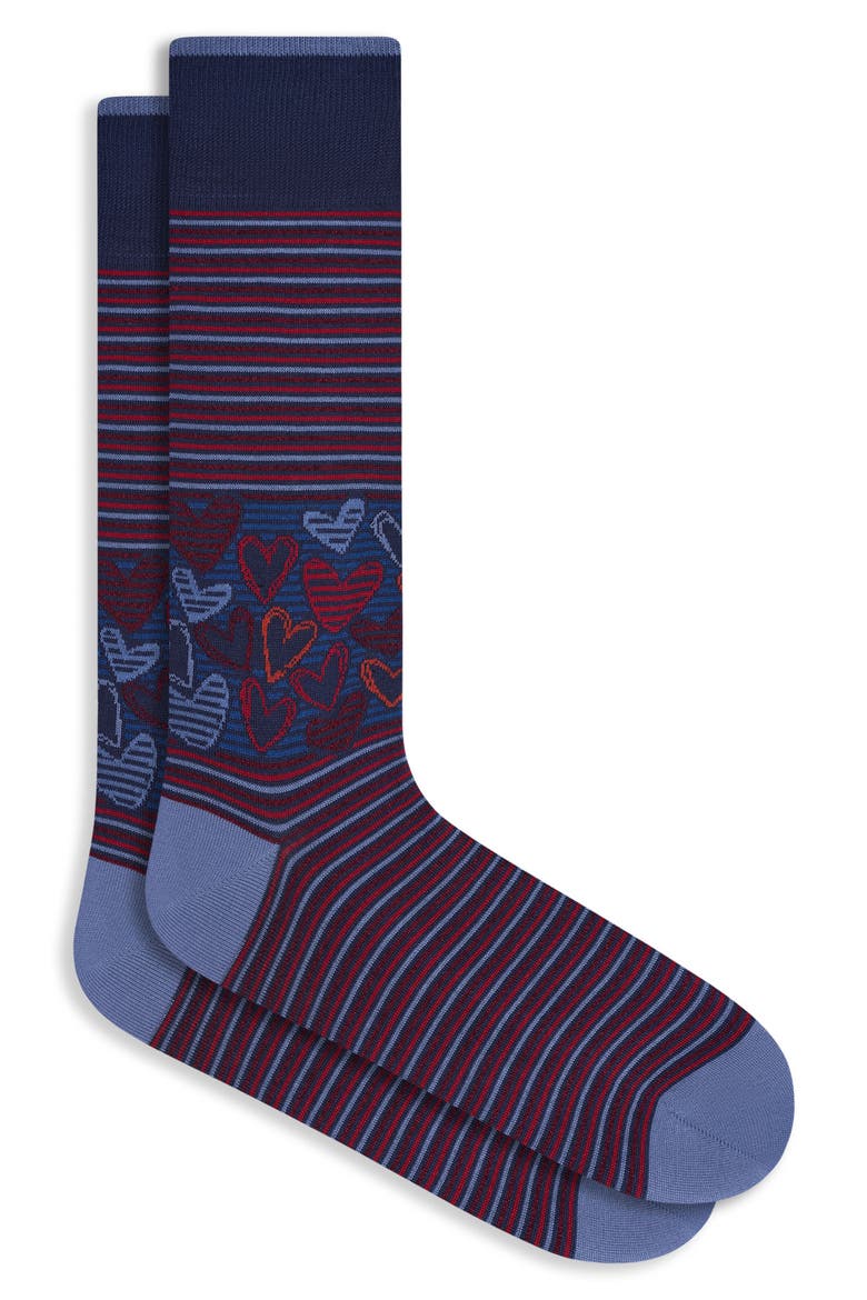 Stripe & Heart Mercerized Cotton Blend Dress Socks, Main, color, NAVY