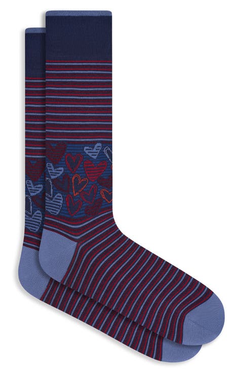 Stripe & Heart Mercerized Cotton Blend Dress Socks