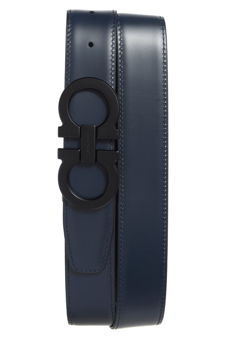 Reversible Gancini Buckle Leather Belt, Alternate, color, NERO BLUE MARINE