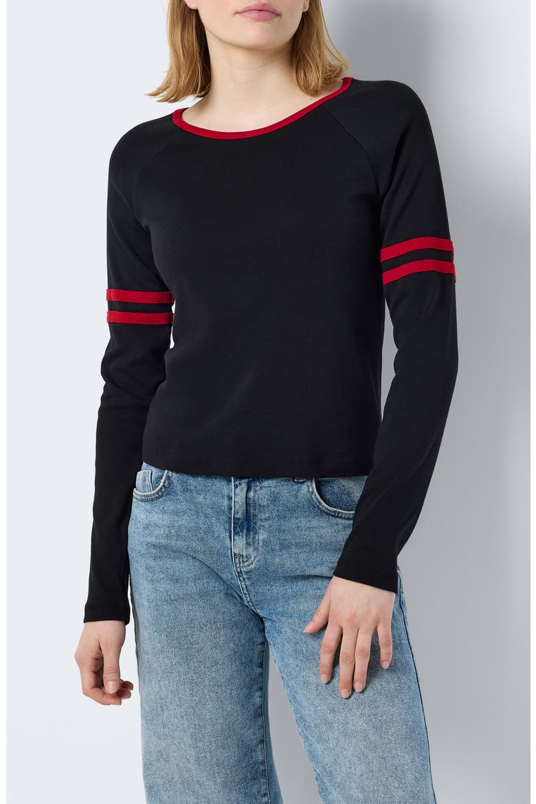 Kimana Stripe Raglan Sleeve Organic Cotton Top, Main, color, BLACK DETAIL RED