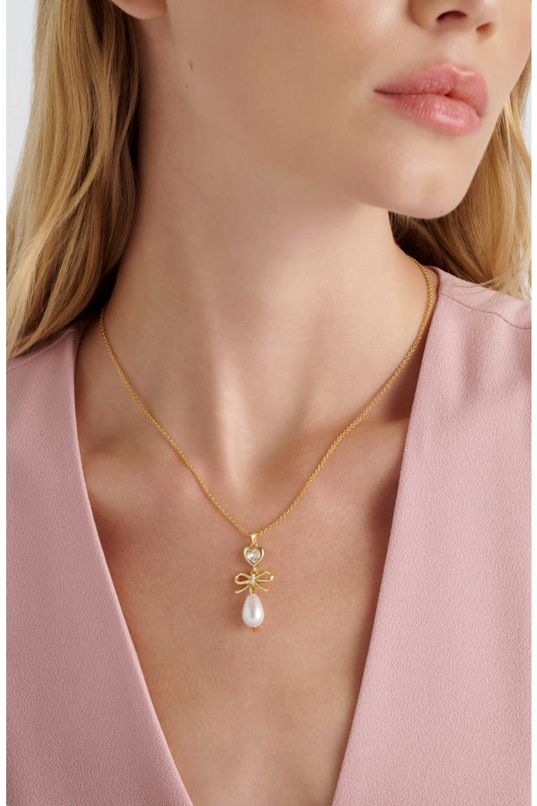 Imogen Icon Charm Heart Bow Faux Pearl Drop Pendant Necklace, Alternate, color, METALLIC GOLD
