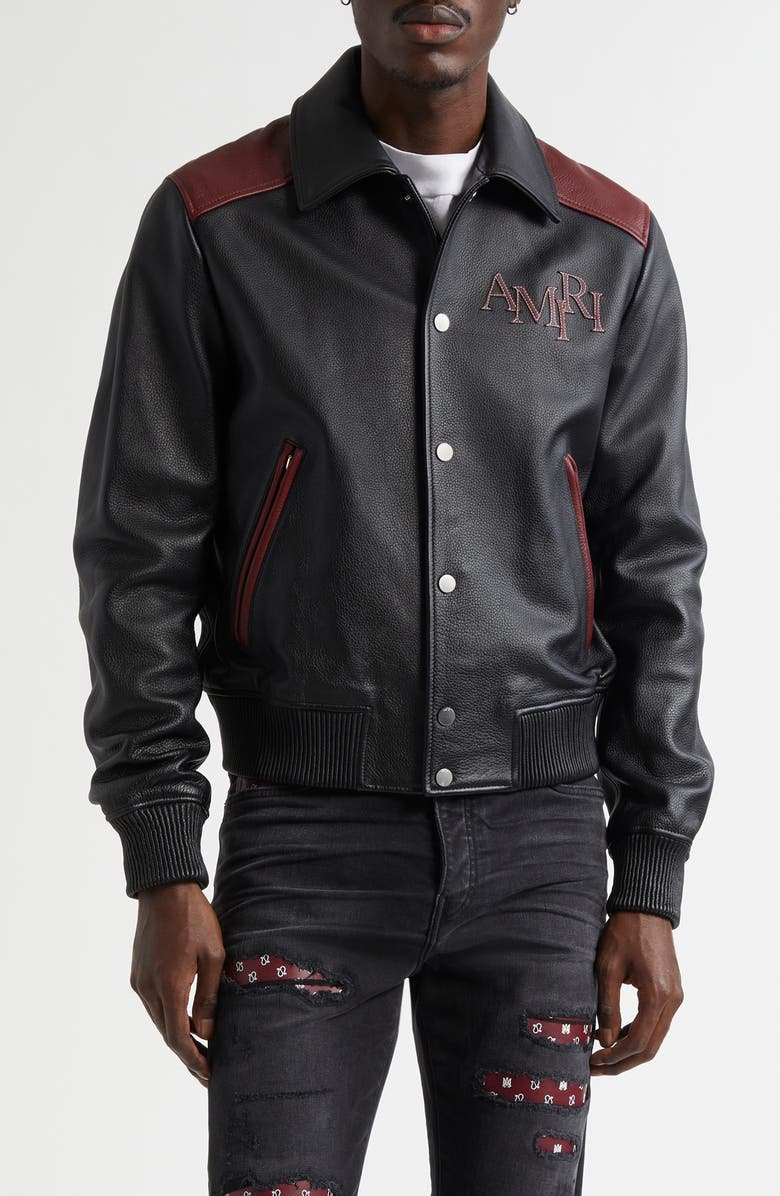 AMIRI Colorblock Staggered Logo Leather Jacket, Main, color, Black