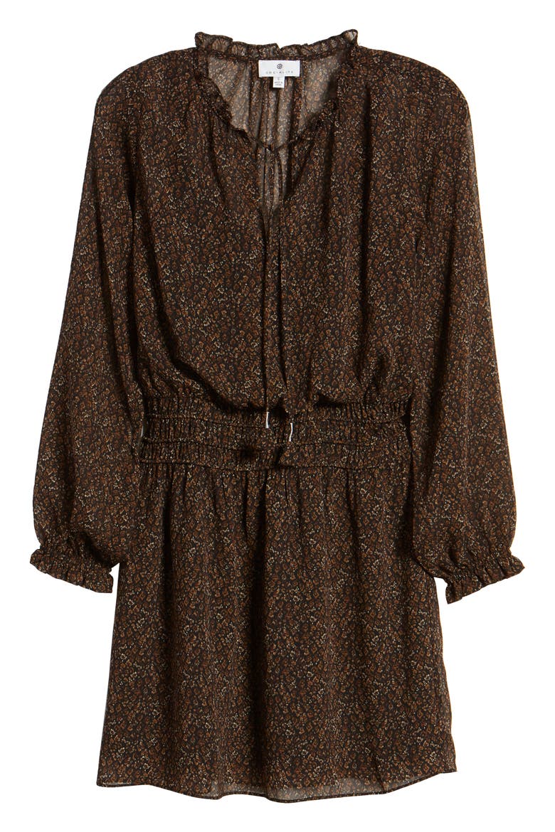Long Sleeve Smocked Waist Chiffon Minidress, Alternate, color, BROWN GEO